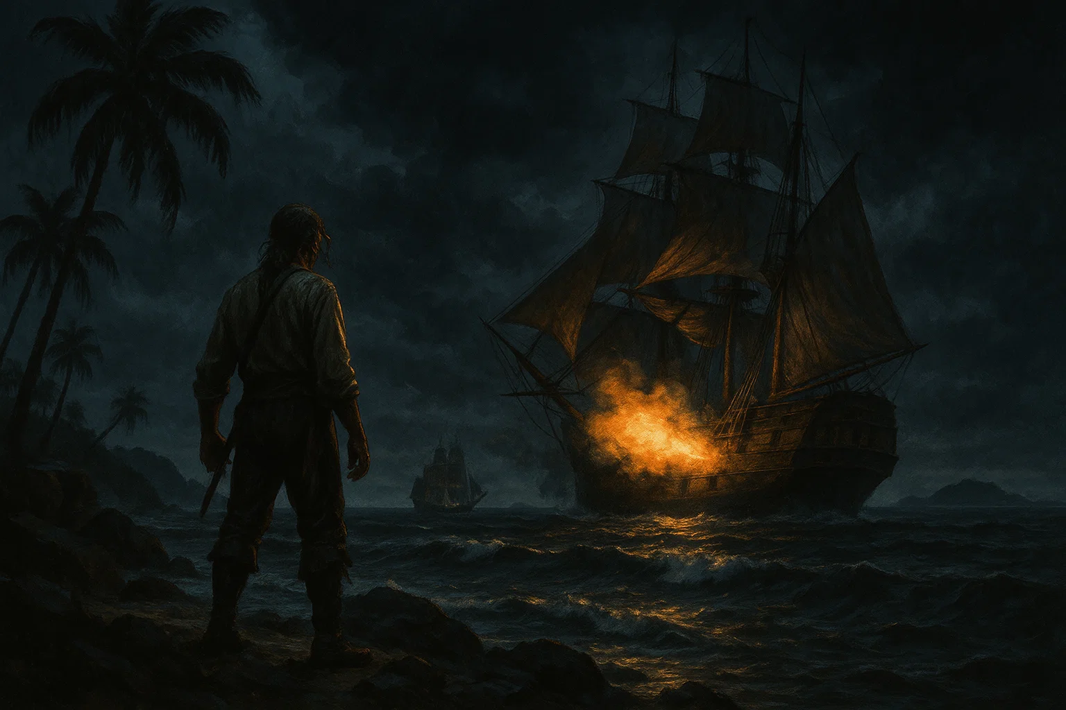 Placeholder key art: stormy Caribbean sea, tall-masted ships, and a distant island.